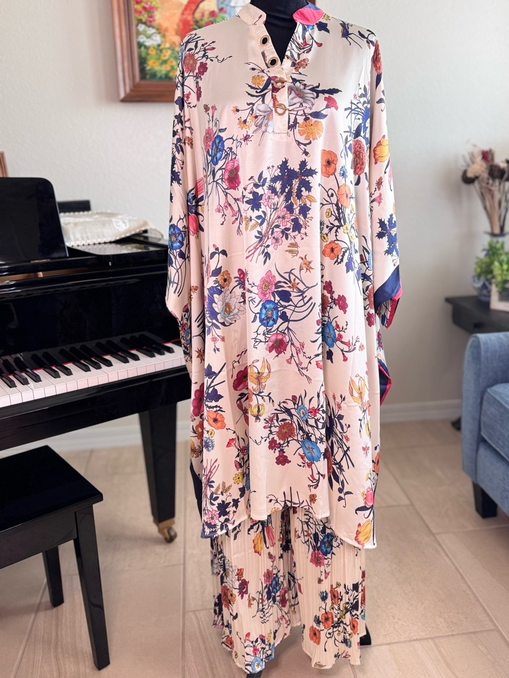 2-PC Floral Pink Midi Dress with Multicolor Bloom Print